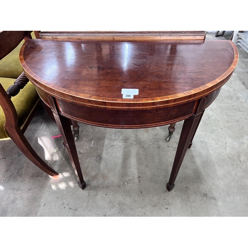 30 - A George III banded mahogany D shape folding card table, width 92cm, depth 45cm, height 73cm *Please... 