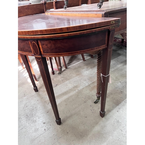 30 - A George III banded mahogany D shape folding card table, width 92cm, depth 45cm, height 73cm *Please... 