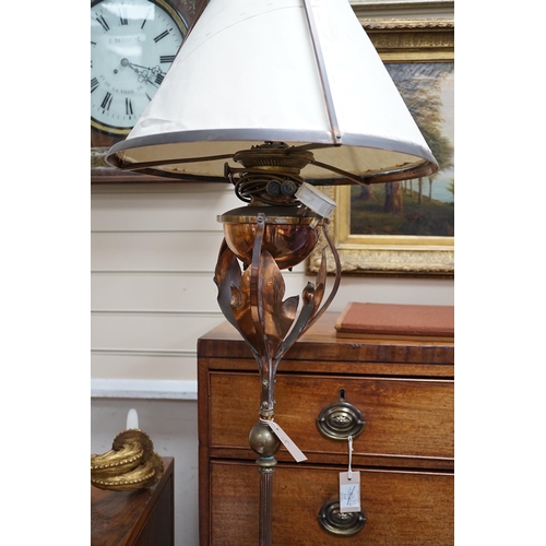 304 - A 1920's brass and copper oil lamp standard converted to electricity, height overall 161cm *Please n... 