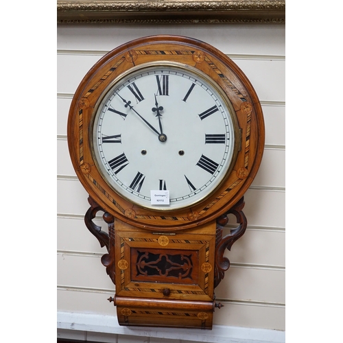 326 - A Victorian parquetry inlaid walnut drop dial wall clock, height 70cm *Please note the sale commence... 