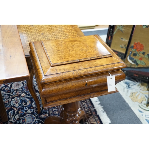 335 - A Victorian burr walnut sarcophagus work table, width 38cm *Please note the sale commences at 9am.... 