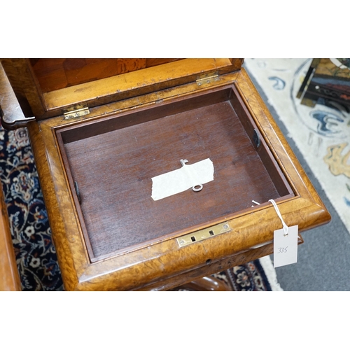 335 - A Victorian burr walnut sarcophagus work table, width 38cm *Please note the sale commences at 9am.... 