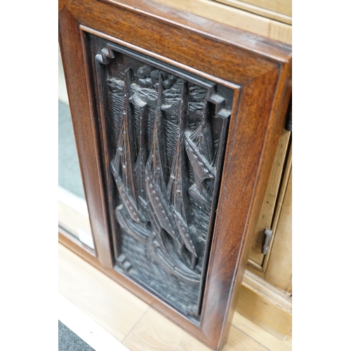 336A - A Chinese hardwood relief carved wall mirror, width 114cm, height 53cm *Please note the sale commenc... 