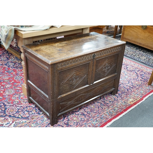 339 - An early 18th century panelled oak coffer, width 96cm *Please note the sale commences at 9am.