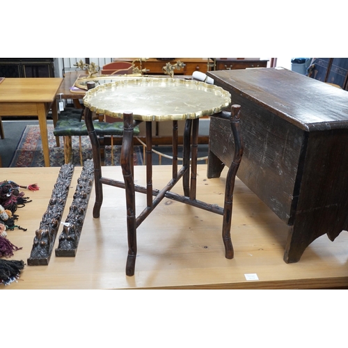 340 - A Chinese brass tray topped hongmu folding occasional table, diameter 56cm *Please note the sale com... 