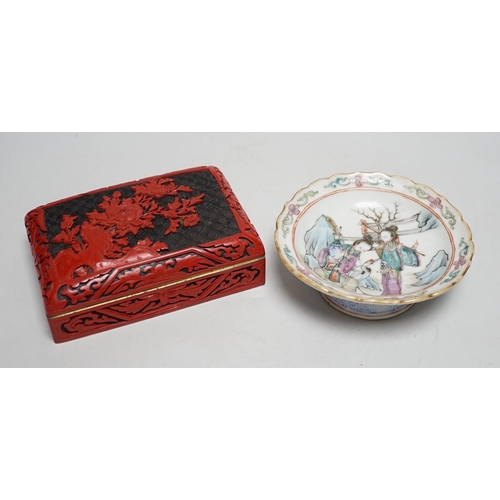 568 - A Chinese cinnabar lacquer cigarette box and a Chinese famille rose stem dish, Tongzhi mark and peri... 