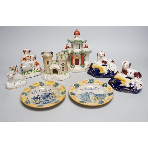 568A - A pair of 19th century Staffordshire King Charles Spaniel pen holders and two pearl ware plates etc ... 