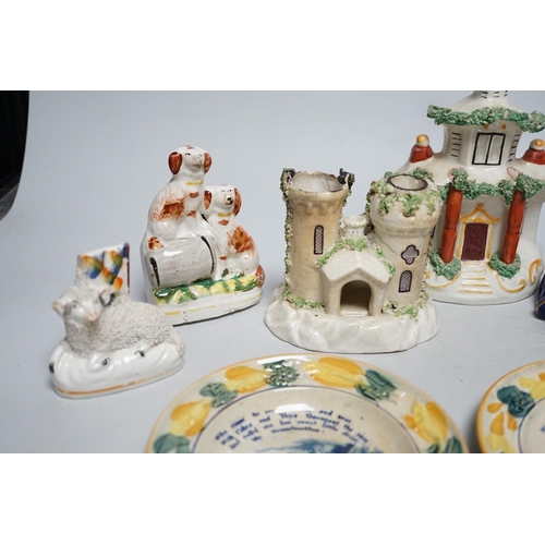 568A - A pair of 19th century Staffordshire King Charles Spaniel pen holders and two pearl ware plates etc ... 