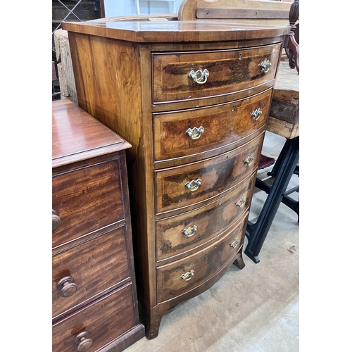 57 - A Queen Anne revival feather banded walnut bowfront five drawer chest, width 61cm, depth  52cm, heig... 