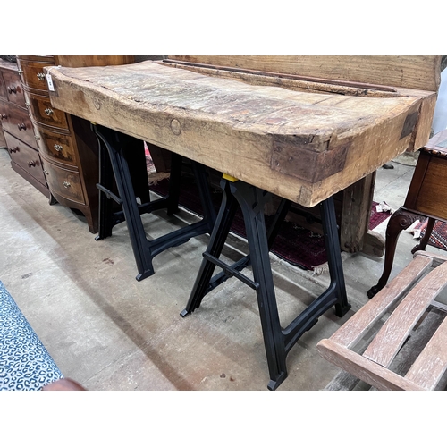 58 - A Victorian butcher's block on modern trestle base, width 162cm, depth 76cm, height 126cm *Please no... 