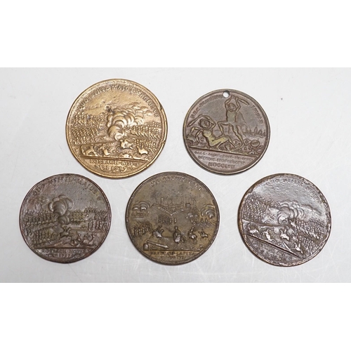 608 - Five 18th century Prussia commemorative medals  a Frederick bronze medal 1757 (holed), three Battle... 