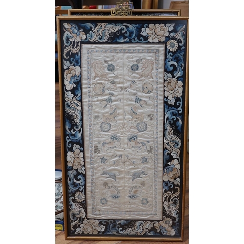 629A - Three framed Chinese embroidered silk sleeve panels, 71 x 37cm, together with two others