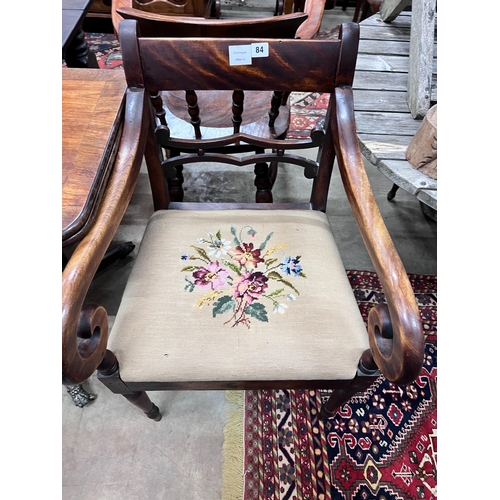 84 - A Regency mahogany provincial elbow chair, a pair of George III mahogany dining chairs and one other... 