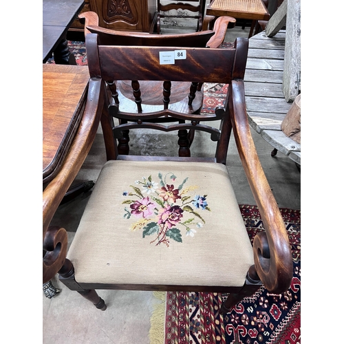 84 - A Regency mahogany provincial elbow chair, a pair of George III mahogany dining chairs and one other... 