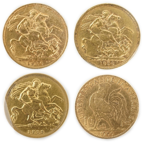 991 - Two gold sovereigns, Victoria 1898M and Edward VII 1910, a George V half sovereign 1913 and a France... 