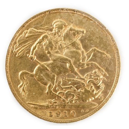 991 - Two gold sovereigns, Victoria 1898M and Edward VII 1910, a George V half sovereign 1913 and a France... 