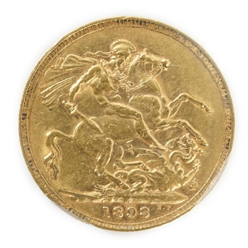 991 - Two gold sovereigns, Victoria 1898M and Edward VII 1910, a George V half sovereign 1913 and a France... 