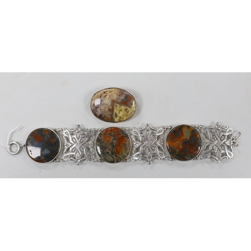 992 - A Scottish white metal and three stone moss agate set bracelet, 19.5cm and a similar hardstone set o... 