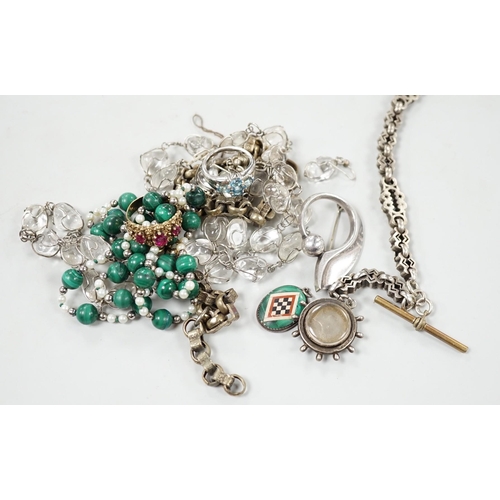 998 - Sundry jewellery including two Victorian albertina's including white metal, a malachite necklace, ro... 