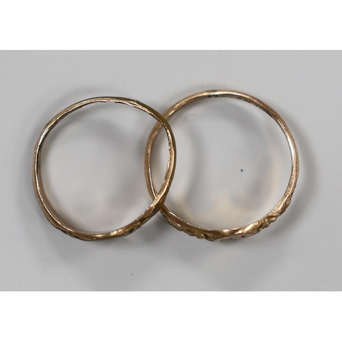 994 - A pair of Georgian 'gold shell' child's rings, the rings heads with engraved initials, 'IS' and 'AS'... 