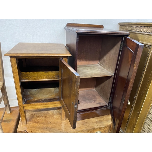 16 - A late Victorian mahogany bedside cabinet, height 78cm, a later oak cabinet and a rush seat child's ... 