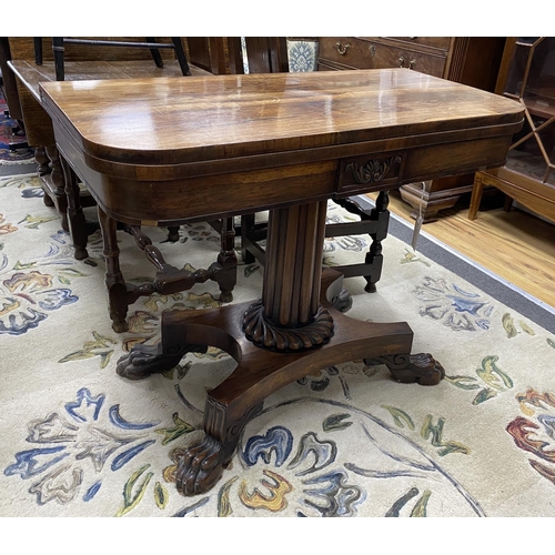 186 - A William IV rosewood folding card table, width 92cm, depth 45cm, height 73cm