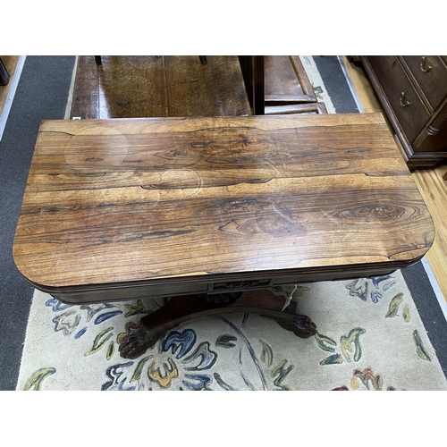 186 - A William IV rosewood folding card table, width 92cm, depth 45cm, height 73cm