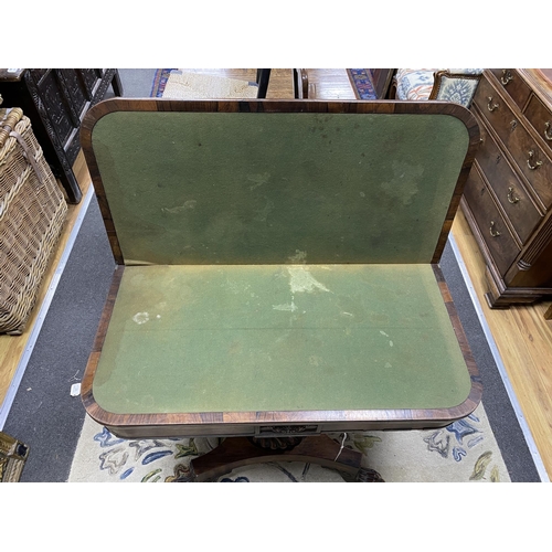 186 - A William IV rosewood folding card table, width 92cm, depth 45cm, height 73cm