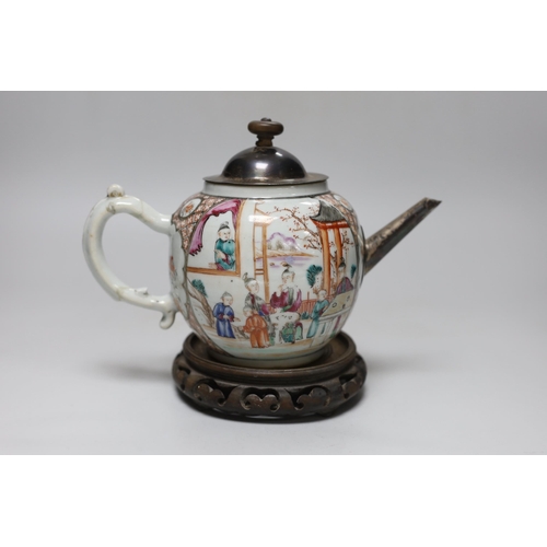 251 - An 18th century Chinese export famille rose teapot with later silver spout and cover, on hardwood st... 
