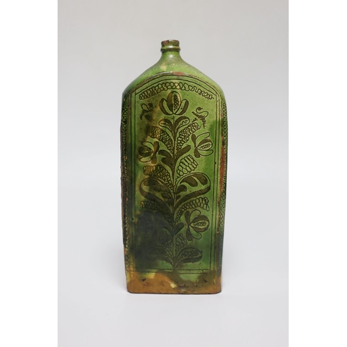 257 - A 19th century green glazed terracotta Sgraffito flask, 19cm