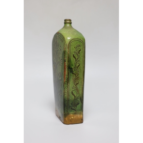 257 - A 19th century green glazed terracotta Sgraffito flask, 19cm