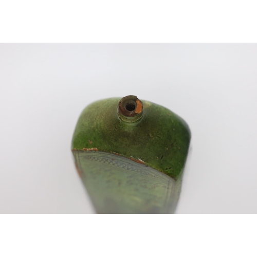 257 - A 19th century green glazed terracotta Sgraffito flask, 19cm