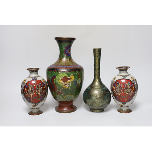 262 - A pair of Japanese cloisonné enamel vases, a Chinese cloisonné enamel vase and a signed mottled bron... 