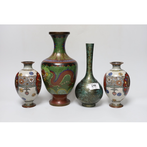 262 - A pair of Japanese cloisonné enamel vases, a Chinese cloisonné enamel vase and a signed mottled bron... 