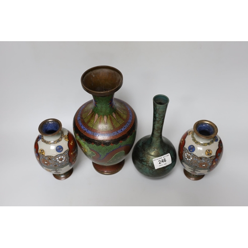 262 - A pair of Japanese cloisonné enamel vases, a Chinese cloisonné enamel vase and a signed mottled bron... 