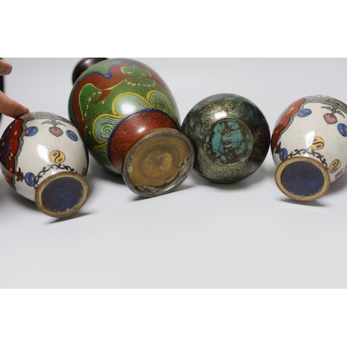 262 - A pair of Japanese cloisonné enamel vases, a Chinese cloisonné enamel vase and a signed mottled bron... 