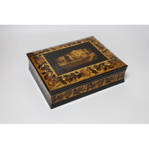 263 - A Victorian Tunbridge Ware ebony 'Hever Castle' sewing box, 27cm wide