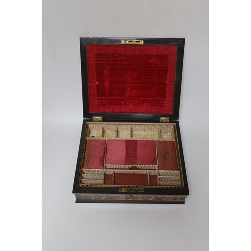 263 - A Victorian Tunbridge Ware ebony 'Hever Castle' sewing box, 27cm wide