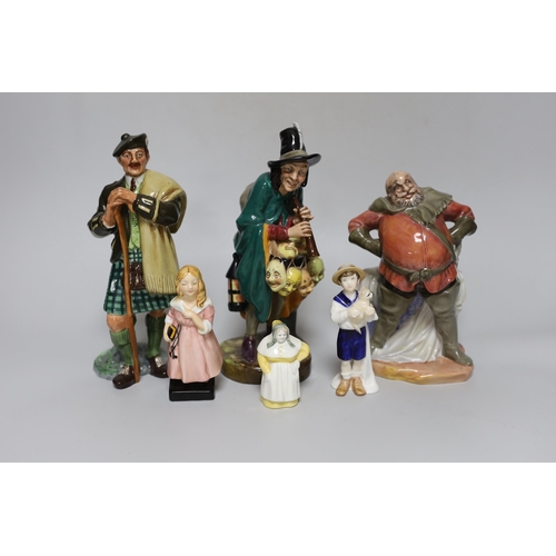 269 - Five Royal Doulton figures and a Royal Worcester figural snuffer, tallest 21cm