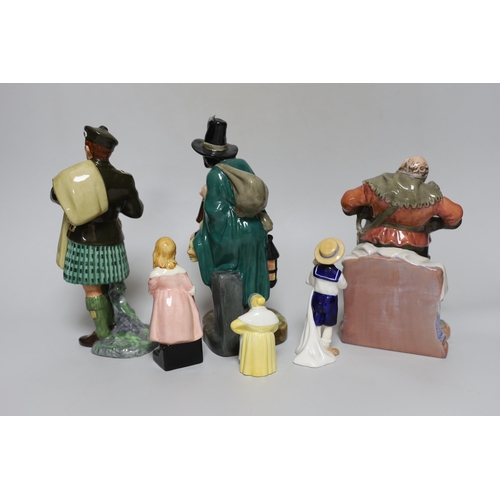269 - Five Royal Doulton figures and a Royal Worcester figural snuffer, tallest 21cm