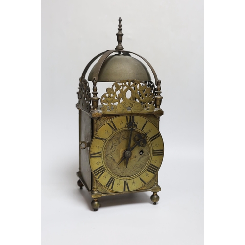 272 - A 16th century and later brass lantern clock by John Wise, later fusee movement, 39cm
