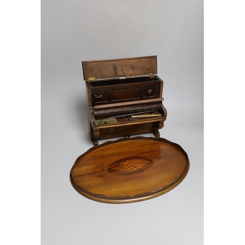 274 - A novelty miniature mahogany upright piano and an inlaid mahogany tray, 39cm long