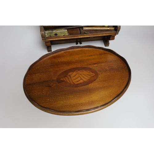 274 - A novelty miniature mahogany upright piano and an inlaid mahogany tray, 39cm long