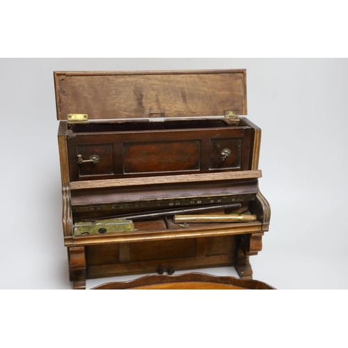 274 - A novelty miniature mahogany upright piano and an inlaid mahogany tray, 39cm long