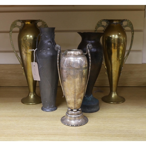 279 - A Kayserzinn Art Nouveau pewter vase, a pair of brass vases, a plated vase and trench art vase... 