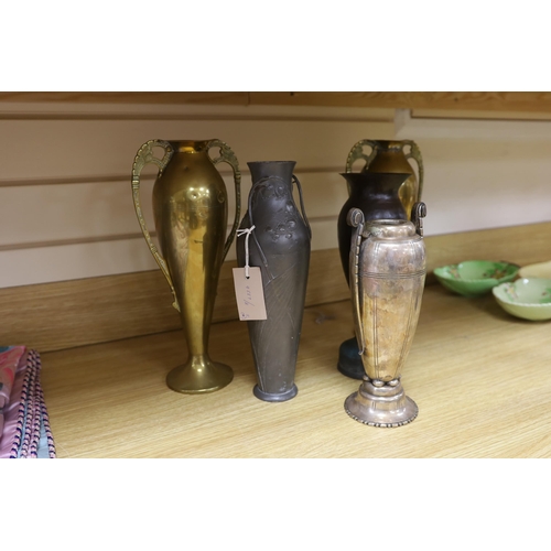 279 - A Kayserzinn Art Nouveau pewter vase, a pair of brass vases, a plated vase and trench art vase... 