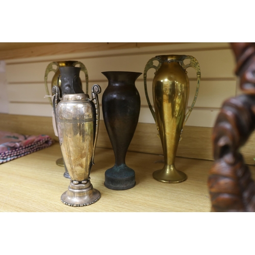 279 - A Kayserzinn Art Nouveau pewter vase, a pair of brass vases, a plated vase and trench art vase... 