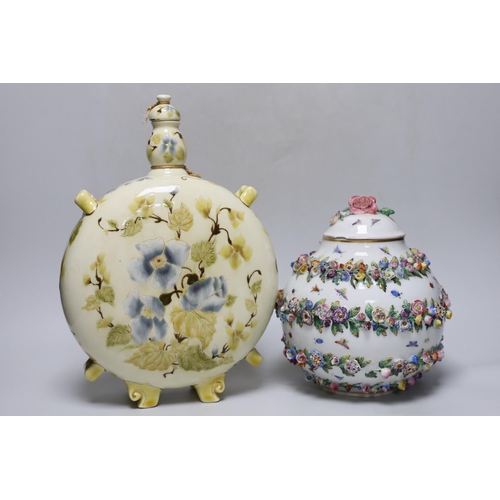 280 - A Zsolnay pottery moonflask and a Herend porcelain flower encrusted jar and cover, c.1895, tallest 3... 