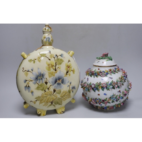280 - A Zsolnay pottery moonflask and a Herend porcelain flower encrusted jar and cover, c.1895, tallest 3... 
