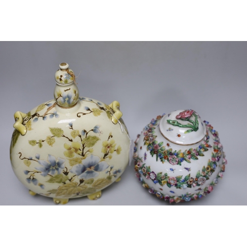 280 - A Zsolnay pottery moonflask and a Herend porcelain flower encrusted jar and cover, c.1895, tallest 3... 